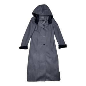 Donnybrook Coat Womens Large Wool Blend Hooded Velvet Trim Button Front Long